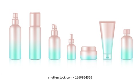 Spray Bottle Mock up Realistic Rose Gold Pastel Cosmetic Soap, Shampoo, Cream, Oil Dropper Set for Skincare Product Background Illustration. Health Care and Medical Concept Design.