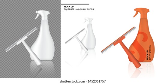 Spray Bottle Mock up Realistic Squeegee Cleaning Object. For Household Wiper Thing Vector on Transparent and White Background