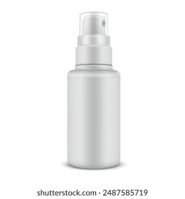 Botella de aerosol maqueta contenedor de plástico blanco con tapa para Ilustración vectorial sanitaria cosmética realista. Tubo desechable paquete para el producto líquido perfume desinfectante cuerpo piel cuidado del cabello