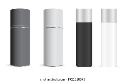 Spray bottle mockup. Aerosol can, cylinder deodorant. Aluminum metal container blank for freshener. Realisit cantiperspirant tin or hairspray tin mock up. Metallic tube with plastic cap