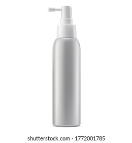 Spray bottle mockup. Cosmetic package with dispenser vector template illustration. Realistic aerosol container blank on white background. Medical tube with mist cap for face beauty product