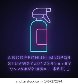 Spray bottle neon light icon. Dump sprayer for hair. Hairdressing instrument. Professional hairstyling. Hairstylist accessory. Glowing sign with alphabet, numbers, symbol. Vector isolated illustration