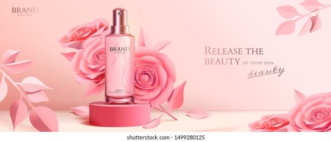 Spray bottle on round podium with elegant paper roses in pink, 3d illustration cosmetic ads