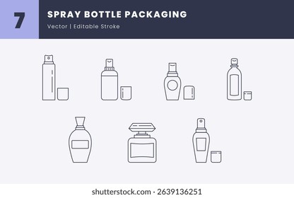 Spray Bottle Packaging Icons - Editable Stroke | Cosmetic Bottles for Branding and Product Design | Perfume, Toner, Body Mist, and Skincare Spray Line Icons