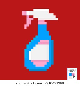 Spray bottle pixel art style icon design, Cleaning service wash home hygiene equipment domestic interior housework and housekeeping theme Vector illustration. 8 bit.