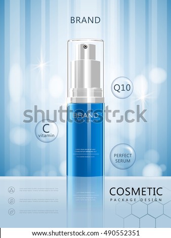 Spray bottle poster design, 3D illustration realistic cosmetic package design isolated on blue background