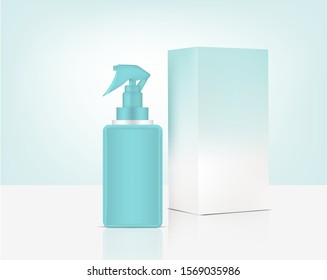 Spray Bottle Pump Mock up Realistic Organic Cosmetic and Box for Skincare Product Background Illustration. Health Care and Medical Concept Design.