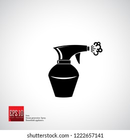 Spray bottle round form, icon home appliance. Detailed black vector isolated symbol