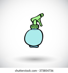 Spray bottle sketch. Hand-drawn cartoon cleaning tool icon - pulverizer. Doodle drawing. Vector illustration. 