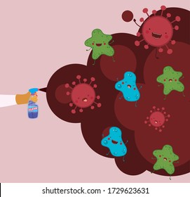 Spray bottle and smoke with covid 19 virus cartoons design, Disinfects clean antibacterial and hygiene theme Vector illustration