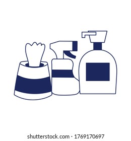 Spray bottle soap dispenser and tissues box design, Cleaning service wash home hygiene equipment domestic interior housework and housekeeping theme Vector illustration