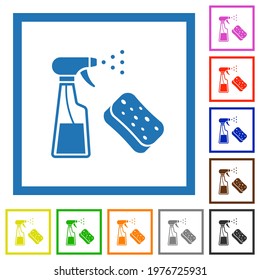 Spray bottle and sponge flat color icons in square frames on white background