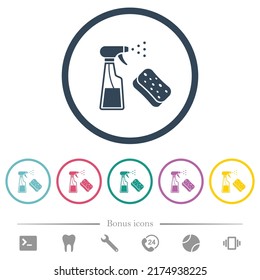 Spray bottle and sponge flat color icons in round outlines. 6 bonus icons included.