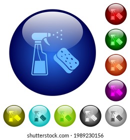 Spray bottle and sponge icons on round glass buttons in multiple colors. Arranged layer structure