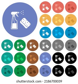 Spray bottle and sponge multi colored flat icons on round backgrounds. Included white, light and dark icon variations for hover and active status effects, and bonus shades.
