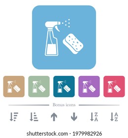 Spray bottle and sponge white flat icons on color rounded square backgrounds. 6 bonus icons included