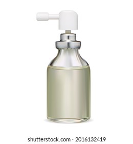 Spray bottle. Throat inhaler packaging blank. Realistic aerosol glass bottle, moisturizer liquid, atomizer flask. Inhalator medicine bottle