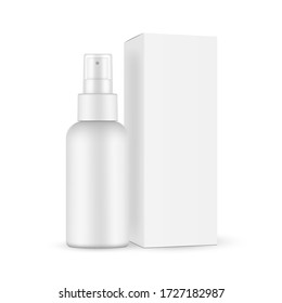 Spray bottle with transparent cap, paper box mockup isolated on white background. Vector illustration