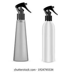 Disparador del frasco de pulverización. Bomba de gatillo de frasco cosmético, contenedor vectorial 3d, pulverización de pistolas de esencia capilar. Despertador para el baño, ilustración de tubo. Vaciado de agua cosmética. Detergente desinfectante
