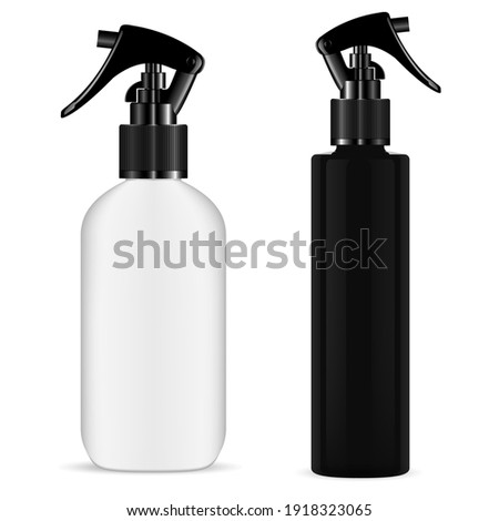 Spray bottle trigger. Cosmetic pistol sprayer mockup. Kitchen cleaner flask. Realistic hair sprayer, aromatic scented essence flacon, organic naturopathy. Pump flask