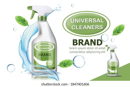 Spray Bottle of universal cleaner surrounded by bubbles, mint leaves, and flowing water. Place for text. realistic 3D product placement. Vector