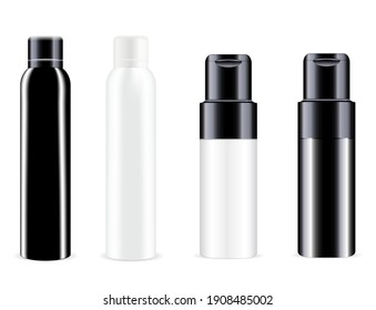 Spray bottle. Vector can, aluminum tin deodorant blank. Cosmetic spray container mockup. Realistic aluminium freshener tube mock up. Round refresher package. Toilet odor or antiperspirant