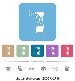 Spray bottle white flat icons on color rounded square backgrounds. 6 bonus icons included