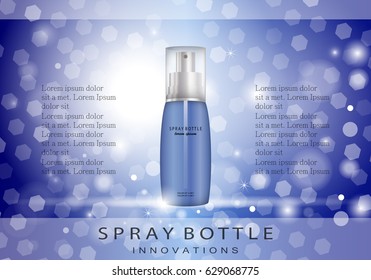 Spray bottle-isolated on blue shiny background.Cosmetic and fashion ads.3D facial toner template.For web site,poster,placard,advert,cover and marketing.Also useful for social network advertising