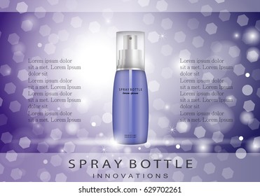 Spray bottle-isolated on blue shiny background.Cosmetic and fashion ads.3D facial toner template.For web site,poster,placard,advert,cover and marketing.Also useful for social network advertising