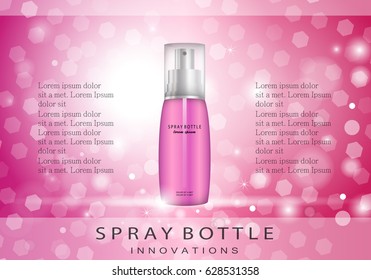 Spray bottle-isolated on pink shiny background.Cosmetic and fashion ads.3D facial toner template.For web site,poster,placard,advert,cover and marketing.Also useful for social network advertising