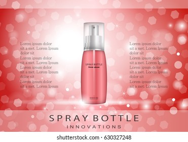 Spray bottle-isolated on red shiny background.Cosmetic and fashion ads.3D facial toner template.For web site,poster,placard,advert,cover and marketing.Also useful for social network advertising