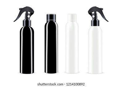 Spray bottles in black and white colour. Different sprayer lids. Cosmetic bottles mockup set. EPS10 vector illustration.