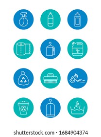 botellas de spray y herramientas de limpieza conjunto de iconos sobre fondo blanco, estilo de bloque, ilustración vectorial