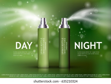 Spray bottles isolated on green background. Premium ads for web site,marketing,social network and blog.Realistic 3d color perfume.For poster template, placard, flyer, cover and wallpaper