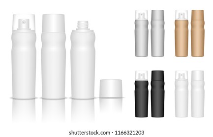 Spray bottles isolated on white background. Cosmetic container for liquid, gel, lotion, cream. Beauty product package, vector illustration.