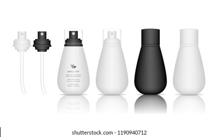 Spray bottles isolated on white background. Cosmetic container for liquid, gel, lotion, cream. Beauty product package, vector illustration.