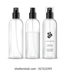 Spray bottles isolated on white background (transparent). Cosmetic container for liquid. Beauty product package, vector illustration.