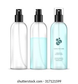 Spray bottles isolated on white background (transparent). Cosmetic container for liquid. Beauty product package, vector illustration.