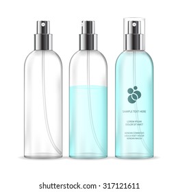 Spray bottles isolated on white background (transparent). Cosmetic container for liquid. Beauty product package, vector illustration.