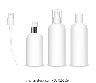 Spray bottles isolated on white background. Cosmetic container for liquid, gel, lotion, cream. Beauty product package, vector illustration.