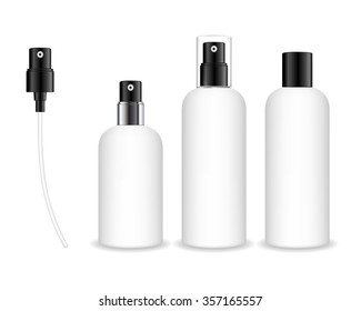 Spray bottles isolated on white background. Cosmetic container for liquid, gel, lotion, cream. Beauty product package, vector illustration.