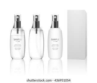Frascos de pulverización aislados sobre fondo blanco (transparentes). Recipiente plástico para gel, líquido, loción, crema. Paquete de productos de belleza. Ilustración vectorial.