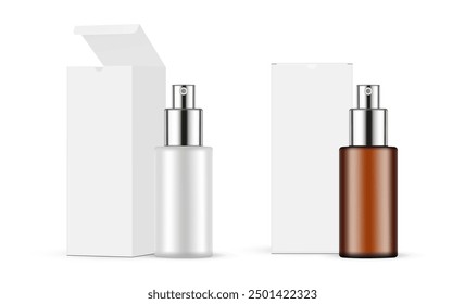 Spray Bottles With Metal Caps, Rectangular Packaging Boxes, Front And Side View, Opened And Closed. Vector Illustration