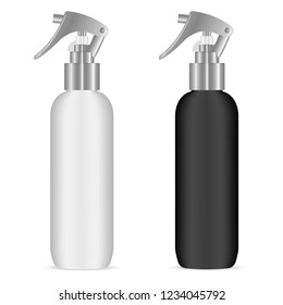 Spray bottles with pistol sprayer head for cosmetic or house care products.Black and white plastic cosmetics package with silver trigger lid. Vector dispenser container.