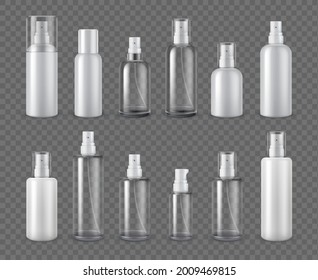Spray bottles. Realistic cosmetic aerosol, deodorant or sprayer clear bottle package mockups. 3d plastic cream dispenser with cap vector set. Illustration container cosmetic aerosol and spray