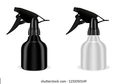Spray bottles set with pistol sprayer head for cosmetic or house care products. Black and white plastic cosmetics package with trigger for barber shop. Vector dispenser container.