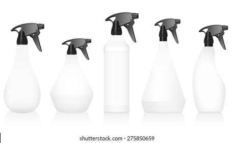 Spray bottles - well known variations with blank white bodies and black pumps. Isolated vector illustration on white background.