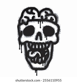 Spray brain skull icon isolated on white background. Oversprayed brain skull icon in black on white. Vector illustration.