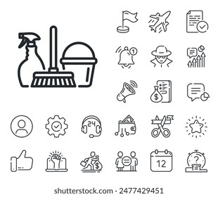 Spray, bucket and mop symbol. Salaryman, gender equality and alert bell outline icons. Cleaning service line icon. Housekeeping equipment sign. Household service line sign. Vector