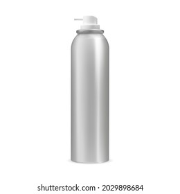 La lata de aerosol. Vector de botellas de aerosol en blanco, contenedor de plata. Tubo de fresador del cilindro de aluminio. Estaño de pintura cosmética realista, diseño de plantillas de acero. Ilustración de refresco de olor antiperspirante